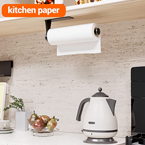 Paper Towel Holder Under Cabinet, Single Hand Operable Wall Mount Paper Towel Holder with Damping Effect, Self-Adhesive or Drilled for Kitchen Bathroom, Black