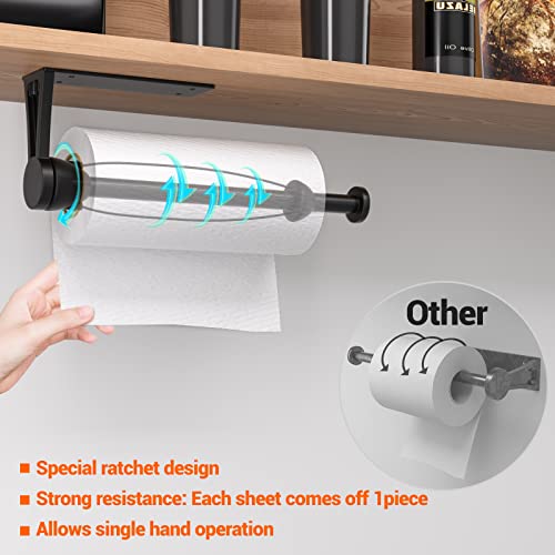 Paper Towel Holder Under Cabinet, Single Hand Operable Wall Mount Paper Towel Holder with Damping Effect, Self-Adhesive or Drilled for Kitchen Bathroom, Black