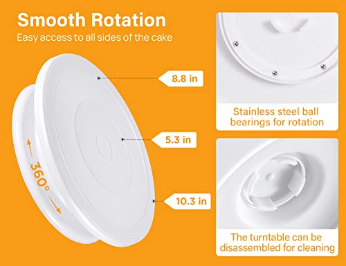 Kootek 11 Inch Rotating Cake Turntable with 2 Icing Spatula and 3 Icing Smoother, Revolving Cake Stand White Baking Cake Decorating Kits Supplies