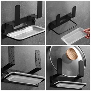 Zerodeko Pot Lid Rack Wall Mounted Stainless Steel Pan Lid Organizer Holder with Water Tray Self Adhesive Kitchen Utensils Storage Racks for Hanging Dish Pan Cover Cutting Board