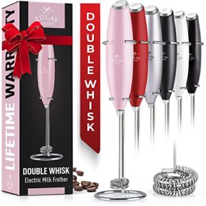 zulay double whisk milk frother handheld mixer- high powered frother for coffee with improved motor – electric whisk drink mixer for cappuccino, frappe, matcha & more, twin whisk (cotton candy)