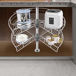 Fetcoi 2 Tier Kidney Chrome Lazy Susan, 28” Kitchen Base Cabinet Corner Organizer, 270° Rotating Blind Corner Wire Cabinet Mounted Rotating Storage Rack for Kitchen Storage