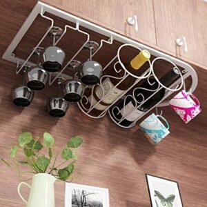 Under Cabinet Wine Rack - Rustic Mounted Hanging Wine Bottle Shelf with Holder for Glasses and Mug Storage - Home Bar and Kitchen Decor Accessories J111, PIBM, White, 56cm