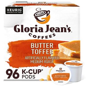 gloria jean’s coffees butter toffee, single-serve keurig k-cup pods, flavored medium roast coffee, 96 count, 24 count (pack of 4)