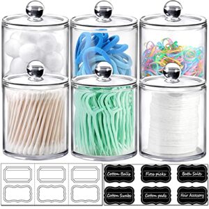 6 pack of 12 oz. qtip dispenser apothecary jars bathroom with labels – qtip holder storage canister clear plastic acrylic jar for cotton ball,cotton swab,cotton rounds,floss picks, hair clips (clear)