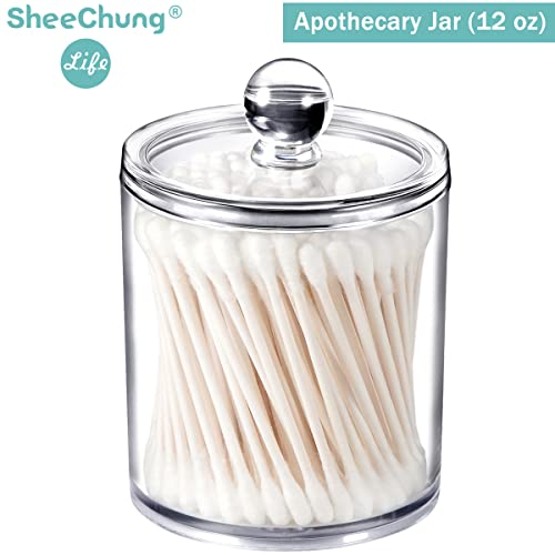 6 Pack of 12 Oz. Qtip Dispenser Apothecary Jars Bathroom with Labels - Qtip Holder Storage Canister Clear Plastic Acrylic Jar for Cotton Ball,Cotton Swab,Cotton Rounds,Floss Picks, Hair Clips (Clear)