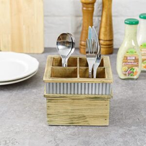 MyGift Rustic Brown Wood Kitchen Utensil Holder for Countertop with 4 Compartments and Corrugated Galvanized Metal Panel Design, Silverware and Flatware Storage Organizer