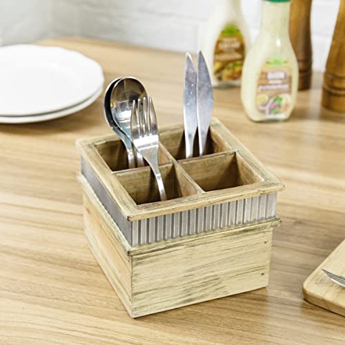 MyGift Rustic Brown Wood Kitchen Utensil Holder for Countertop with 4 Compartments and Corrugated Galvanized Metal Panel Design, Silverware and Flatware Storage Organizer