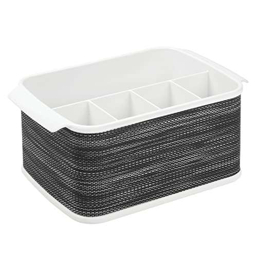 mDesign Plastic Cutlery Storage Organizer Caddy Tote Bin with Handles for Kitchen Cabinet or Pantry - Holds Forks, Knives, Spoons, Napkins - Indoor or Outdoor Use, Woven Accent - White/Graphite Gray
