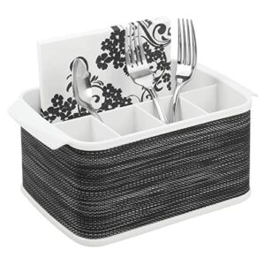 mdesign plastic cutlery storage organizer caddy tote bin with handles for kitchen cabinet or pantry – holds forks, knives, spoons, napkins – indoor or outdoor use, woven accent – white/graphite gray