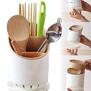 spolis Kitchen Utensil Holders Cutlery Drying Rack for Counter with Catch Pan and Drain Hole, Anti Tilting Kitchen Silverware Drainer Basket Sink Caddy for Forks, Knives, Spoons, Chopsticks-Apricot