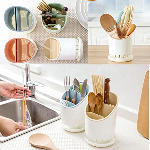 spolis Kitchen Utensil Holders Cutlery Drying Rack for Counter with Catch Pan and Drain Hole, Anti Tilting Kitchen Silverware Drainer Basket Sink Caddy for Forks, Knives, Spoons, Chopsticks-Apricot