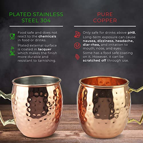 PG Moscow Mule Mugs | Large Size 19 ounces | Set of 4 Hammered Cups | Stainless Steel Lining | Pure Copper Plating | Gold Brass Handles | 3.7 inches Diameter x 4 inches Tall