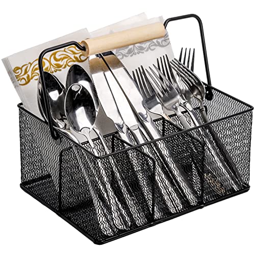 Hedume Utensil Caddy, Cutlery Silverware Caddy with 4 Compartments and Handle, Mesh Collection Utensil Holder for Forks, Spoons, Knives, Napkins