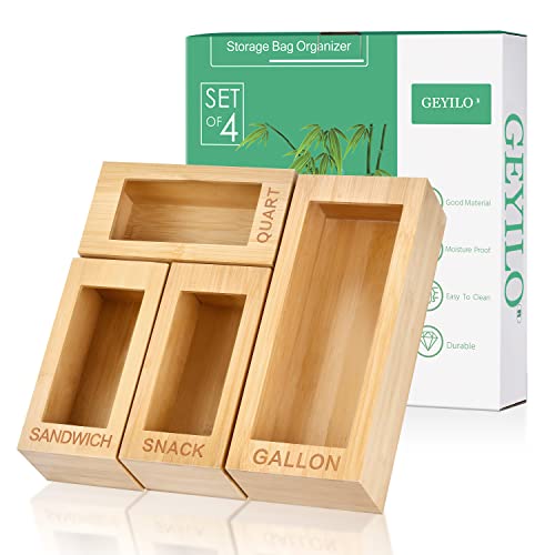 GEYILO Bag Storage Organizer, Storage Bag Organizer, 4 Separate Baggie Organizer, Ziplock Bag Storage Organizer for Kitchen Drawer, Compatible with Gallon, Quart, Sandwich & Snack Variety Size Bags