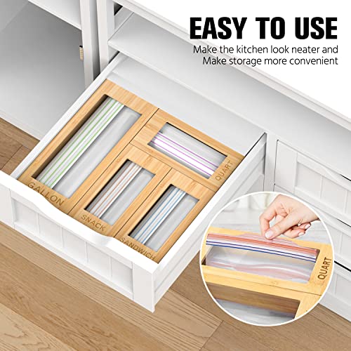 GEYILO Bag Storage Organizer, Storage Bag Organizer, 4 Separate Baggie Organizer, Ziplock Bag Storage Organizer for Kitchen Drawer, Compatible with Gallon, Quart, Sandwich & Snack Variety Size Bags