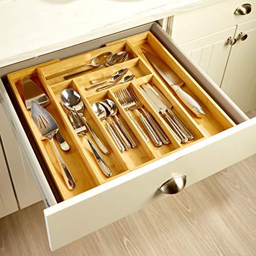 Expandable Utensil Organizer - Bamboo Drawer Divider for Flatware