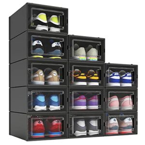 12 pack shoe organizer boxes, black plastic stackable shoe storage bins for closet, space saving shoe holder sneaker display case