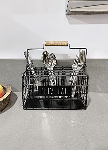 Rae Dunn 6 Section Utensil Caddy - Silverware Holder, Cutlery Caddy for Fork, Knife and Spoon - Rustic Farmhouse Metal Grid-Iron Frame - Kitchen Organizer and Countertop Space Saver for Flatware