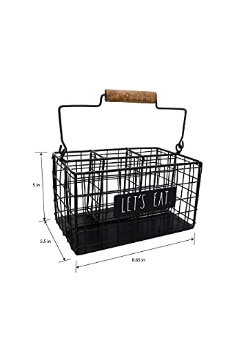 Rae Dunn 6 Section Utensil Caddy - Silverware Holder, Cutlery Caddy for Fork, Knife and Spoon - Rustic Farmhouse Metal Grid-Iron Frame - Kitchen Organizer and Countertop Space Saver for Flatware