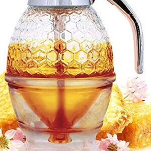 Hunnibi Honey Dispenser No Drip Glass - Maple Syrup Dispenser Glass - Beautiful Honey Comb Shaped Honey Pot - Honey Jar with Stand, Great Bee Decor