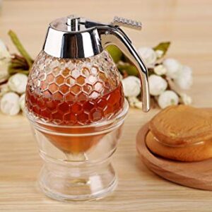 Hunnibi Honey Dispenser No Drip Glass - Maple Syrup Dispenser Glass - Beautiful Honey Comb Shaped Honey Pot - Honey Jar with Stand, Great Bee Decor