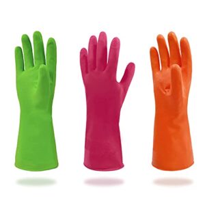 cleanbear synthetic rubber gloves, medium size, 11.8 inches, 3 pairs 3 colors for spring cleaning, dishwashing and other home cleaning use