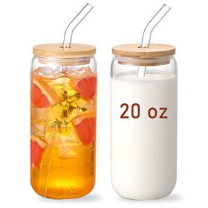 20 oz glass cups with bamboo lids and glass straw – beer can shaped drinking glasses set, iced coffee glasses, cute tumbler cup for smoothie, boba tea, whiskey, water, gift – 2 pack