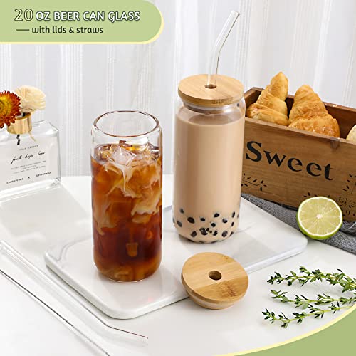 20 OZ Glass Cups with Bamboo Lids and Glass Straw - Beer Can Shaped Drinking Glasses Set, Iced Coffee Glasses, Cute Tumbler Cup for Smoothie, Boba Tea, Whiskey, Water, Gift - 2 Pack