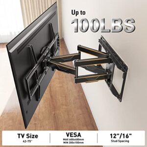 Mounting Dream UL listed Full Motion TV Wall Mount Swivel and Tilt for Most 42-75 Inch Flat Screen TV, TV Mount Bracket with Articulating Dual Arms, Max VESA 600x400mm, 100 lbs, Fits 16" Studs, MD2617