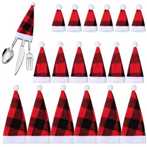 Santa Hat Silverware Holders - Plaid Christmas Santa Hats Silverware Holders - Christmas Silverware Holder Pockets Mini Santa Hats for Candy, Red Wine Bottle Cutlery Party Dinner Table