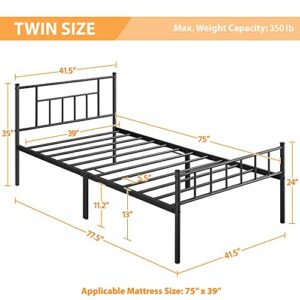 Yaheetech 13 inch Twin Size Metal Bed Frame with Headboard and Footboard Platform Bed Frame with Storage No Box Spring Needed Mattress Foundation Black