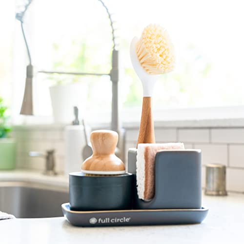 Full Circle Bubble Up Ceramic Dispenser & Bamboo Handle Brush – Replaceable Kitchen Dish Scrubber with Soap Holder, Gray, Dispenser, Grey/White