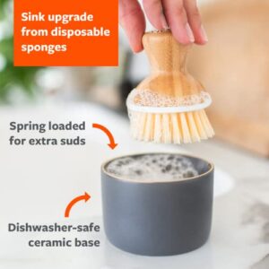 Full Circle Bubble Up Ceramic Dispenser & Bamboo Handle Brush – Replaceable Kitchen Dish Scrubber with Soap Holder, Gray, Dispenser, Grey/White