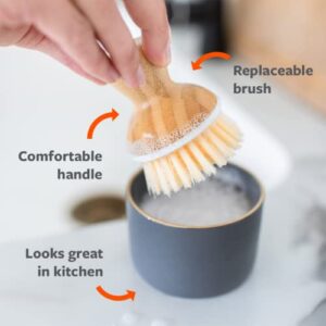 Full Circle Bubble Up Ceramic Dispenser & Bamboo Handle Brush – Replaceable Kitchen Dish Scrubber with Soap Holder, Gray, Dispenser, Grey/White