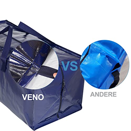 VENO Heavy Duty Extra Large Moving Bags W/ Backpack Straps Strong Handles & Zippers, Storage Totes For Space Saving, Fold Flat, Alternative to Moving Box, Made of Recycled Material (Blue - Set of 10)