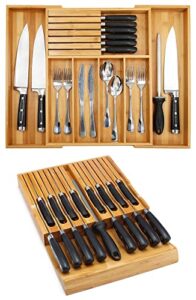 bamboo knife drawer organizer, expandable cutlery tray and in-drawer knife insert (16 knives)