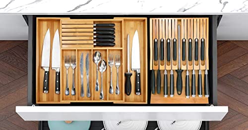 Bamboo Knife Drawer Organizer, Expandable Cutlery Tray and In-Drawer Knife Insert (16 knives)