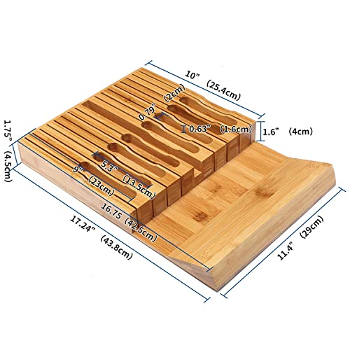 Bamboo Knife Drawer Organizer, Expandable Cutlery Tray and In-Drawer Knife Insert (16 knives)