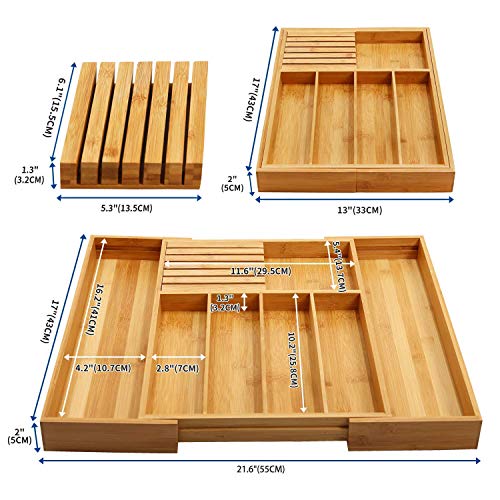 Bamboo Knife Drawer Organizer, Expandable Cutlery Tray and In-Drawer Knife Insert (16 knives)