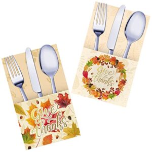 thanksgiving cutlery holder gold foil with give thanks maple leaf design, utensil holder for autumn harvest party table decorations, 24 pack, mix 2 designs