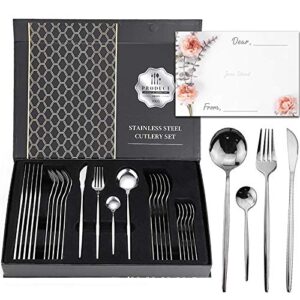 silver 24 silverware set for 6 people, gift sets with premium box and gift letter, stainless steel cutlery set, housewarming gift, flatware set with knife/fork/spoon/teaspoon