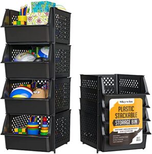 skywin plastic stackable storage bins for pantry – 4-pack black stackable bins for organizing food, kitchen, and bathroom essentials