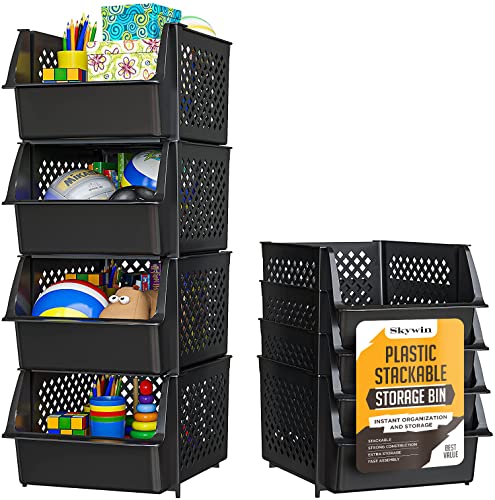 Skywin Plastic Stackable Storage Bins for Pantry - 4-Pack Black Stackable Bins For Organizing Food, Kitchen, and Bathroom Essentials