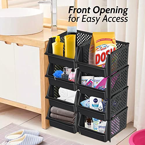 Skywin Plastic Stackable Storage Bins for Pantry - 4-Pack Black Stackable Bins For Organizing Food, Kitchen, and Bathroom Essentials