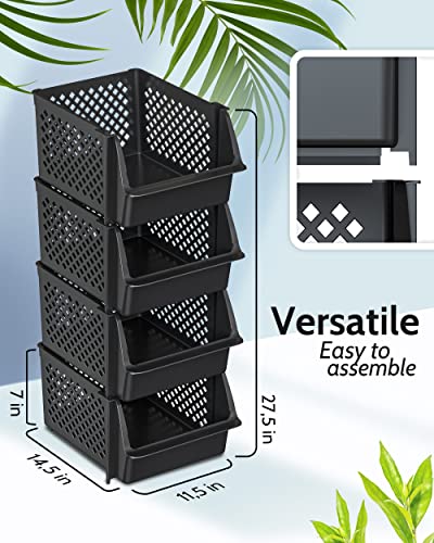 Skywin Plastic Stackable Storage Bins for Pantry - 4-Pack Black Stackable Bins For Organizing Food, Kitchen, and Bathroom Essentials