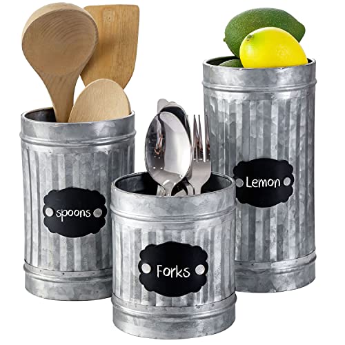 MyGift Rustic Galvanized Corrugated Metal Utensil Holder Storage Canister with Vintage Chalkboard Label, 3 Piece Set