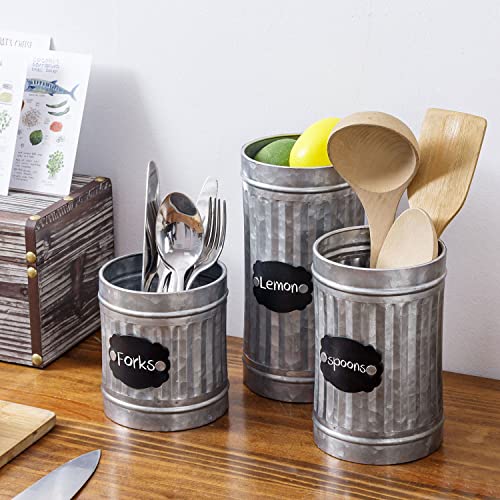 MyGift Rustic Galvanized Corrugated Metal Utensil Holder Storage Canister with Vintage Chalkboard Label, 3 Piece Set