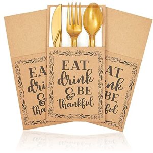 thanksgiving dinner party utensil holder pockets, eat drink & be thankful (36 pack)