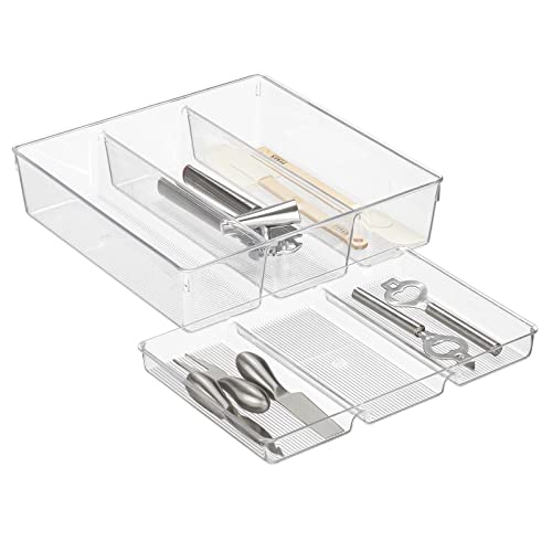 mDesign Plastic Kitchen Drawer Organizer Tray Set - Horizontal Storage Bin for Organizing Cutlery, Flatware, Silverware, Utensil, and Appliances - 12" Long - Ligne Collection - Clear